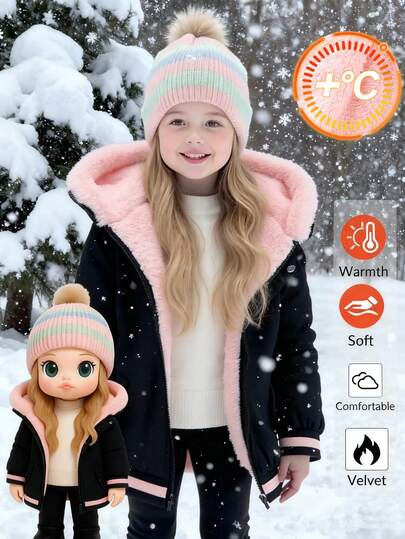 SHEIN Emery Rose Kids 女童纯色连帽冬装外套，双口袋带字母贴片，休闲外套，酷炫黑色梭织哑光纯色面料，黑色腰部松紧带连帽拼接保暖内衬冬装外套，加厚抓绒连帽派克大衣，人造毛领，中长款休闲外套，适合上学、购物、生日派对等场合，时尚保暖，适合上学和日常穿着，适合秋冬季节，女童秋季款