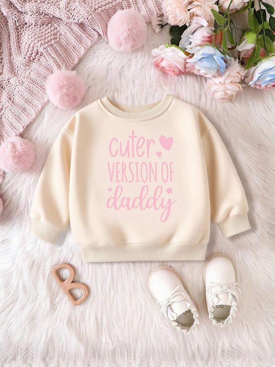 Felpa girocollo con stampa slogan carina per bambine, autunno/inverno - Cachi - Visualizzare 1