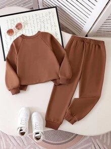 Elladie kids 2pcs/Set Girls Casual Solid Color Raglan Sleeve Sweatshirt And Pants Set, Knitted Crew Neck Outfit Fall Winter - Brown - View 2