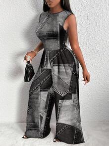 Slaydiva Casual Patchwork Pattern Round Neck Sleeveless Jumpsuit, Plus Size Jumpsuit, For Autumn, For Summer Suitable For Going Out - Dark Grey - View 5