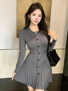 DAZY Women's Solid Color Minimalist Long Sleeve Sweater Dress, Casual Everyday Wear - Dark Grey - View 5