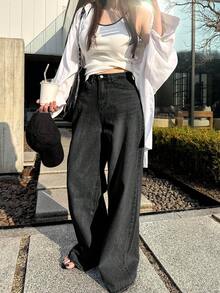 DAZY Jeans droits taille haute ample amincissants, minimaliste et polyvalent, pantalon confortable à longueur cheville pour femmes