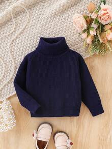 SHEIN Vintaside Kids كنزة صوفية تورتل للأطفال البنات، كنزة صوفية صوفية ملونة للأطفال للخريف/الشتاء، كنزة صوفية صوفية بياقة عالية للأطفال البنات، كنزة صوفية صوفية للأطفال البنات للشتاء، كنزة صوفية عيد الميلاد والهالوين للأطفال البنات للخريف والشتاء - أزرق غامق - مشاهدة 3