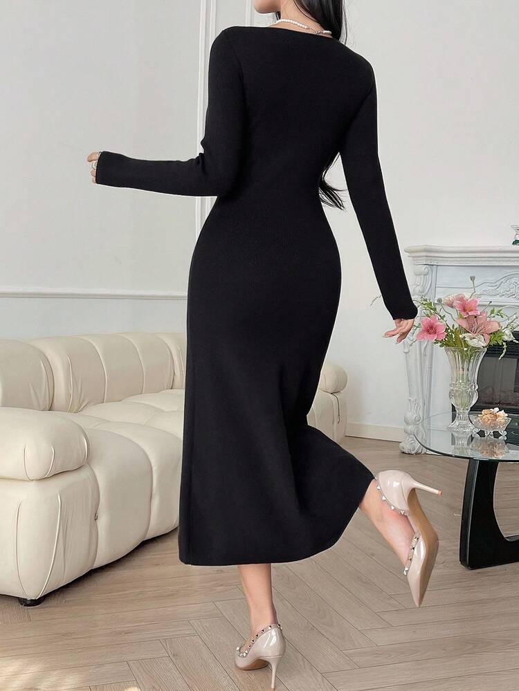 Lace Patchwork Twist Knit Dress, Suitable For Coats In Autumn/Winter Sweater Dress