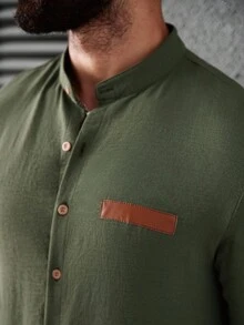 Manfinity CasualCool Men Casual Olive Green Stand Collar Long Sleeve Shirt, Suitable For Daily Wear, Fall - Army Green - View 5