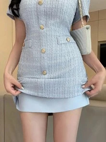 DAZY 方领纹理纽扣装饰女式短裙 - 淺藍色 - 查看 9