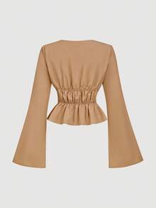 SHEIN MOD 驼色女士系带喇叭袖衬衫，镂空服装，女款，恶魔服装，复古，海盗上衣，嬉皮士，外出上衣