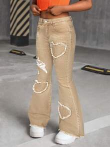SHEIN Tween Girl Y2K Heart Pattern Distressed Denim Flare Leg Jeans, Fall Back To School - Khaki - View 6