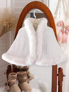 SHEIN Elladie kids 年轻女孩毛茸茸无袖披肩夹克，时尚优雅斗篷，冬季短款百搭外套 - 白色 - 查看 1