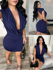 SHEIN SXY 女式性感黑色垂坠式低胸露背修身迷你连衣裙，夏季 - 藏蓝色 - 查看 6
