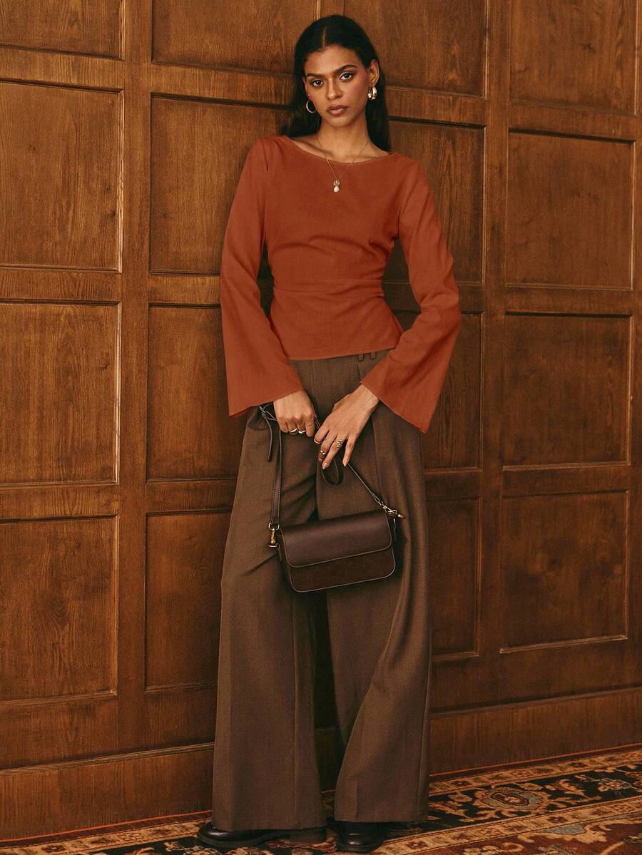 Poéselle Women's Casual Solid Color Bell Sleeve Boat Neck Blouse - Rust Brown - View 1