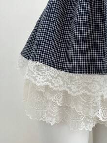 Elamini Lace Hem Crop Top With Plaid Strap Details, Babydoll Top