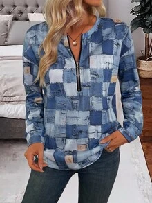 SHEIN Sudadera de mujer de manga larga con cuello redondo, media cremallera y patrón asimétrico, elegante y casual - Multicolor - Ver 6