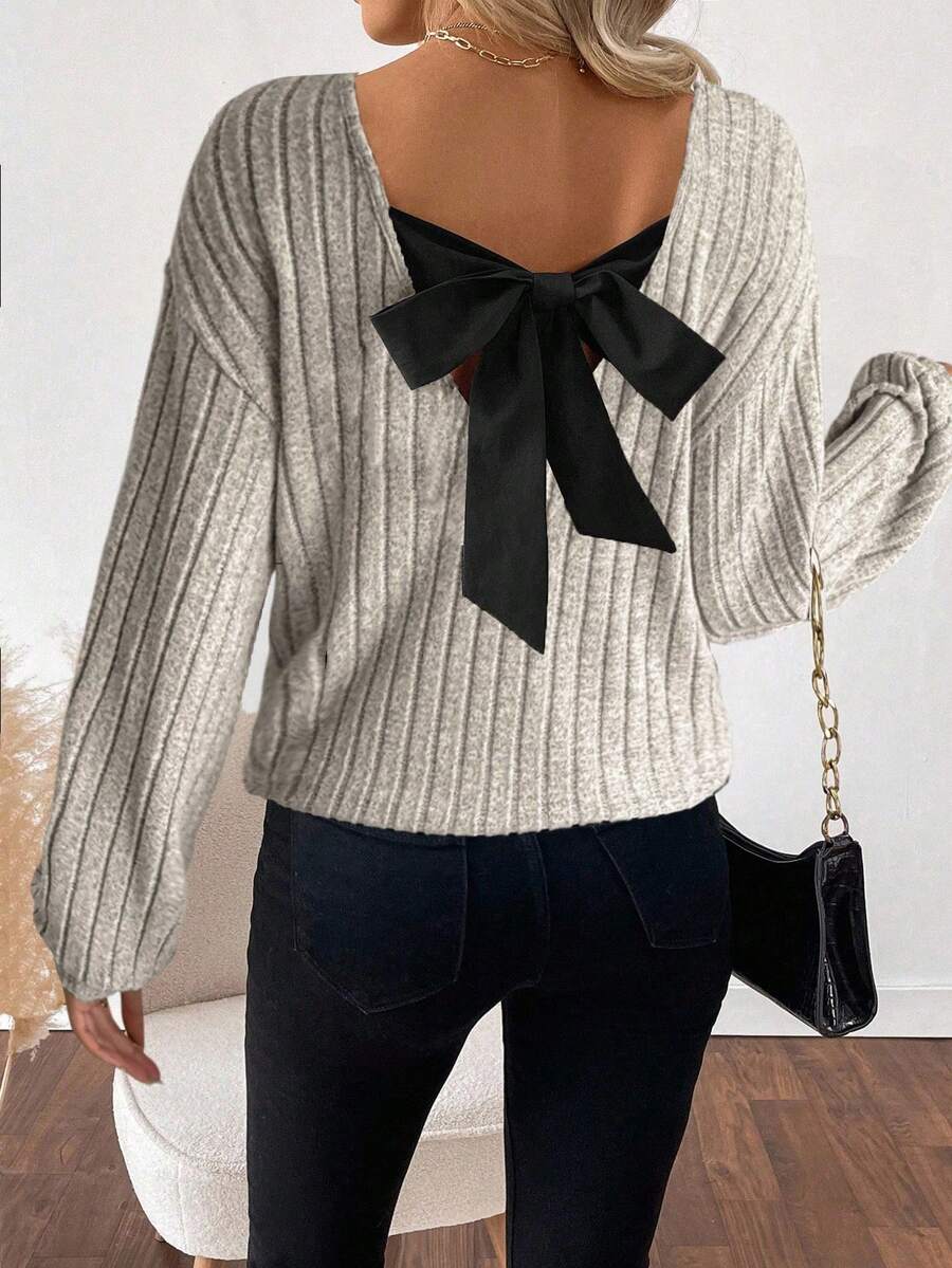 EMERY ROSE Women's Casual V-Neck Ribbed Bow Long Sleeve T-Shirt