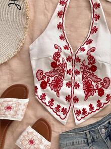 Soleia Áo crop top hở lưng thêu hoa màu đen họa tiết quả mơ, thích hợp cho lễ hội âm nhạc - Màu be - Xem 6