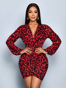 SOLERSUN Đầm dài tay họa tiết da báo cổ chữ V sâu thanh lịch và gợi cảm, thích hợp cho tiệc tùng và đi làm (Hoa ngẫu nhiên) - Đỏ - Xem 5