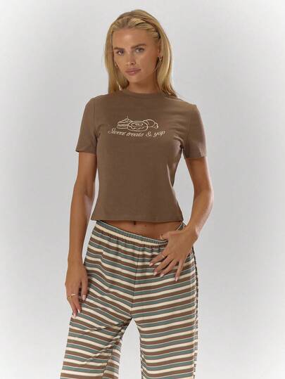 MUSERA 印花修身婴儿T恤，秋季舒适可爱休闲咖啡俱乐部优雅假日派对春夏款