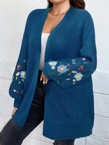 SHEIN LUNE Áo khoác cardigan trễ vai thêu hoa Plus, cho mùa đông - Màu xanh lam - Xem 1