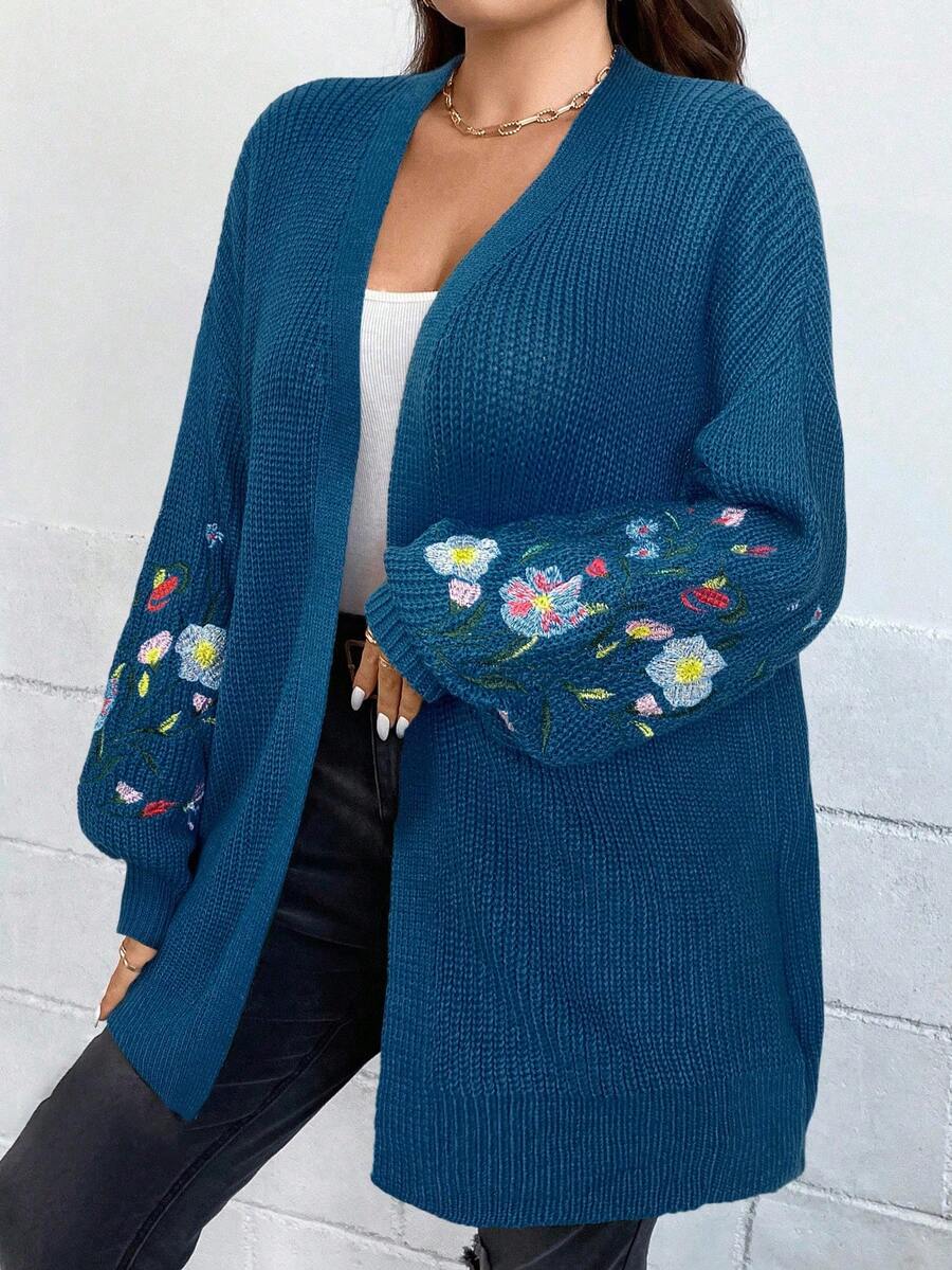 SHEIN LUNE Áo khoác cardigan trễ vai thêu hoa Plus, cho mùa đông - Màu xanh lam - Xem 1