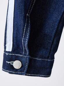 少女Y2K休闲纯色水洗侧条纹拼接原色牛仔宽松短外套，适合返校、返校节、教堂、商务休闲场合，以及街头风格。 - 深色水洗藍 - 查看 5