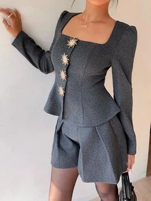 Siren Gaze Women's Elegant Gray Office Two Piece Set,Solid Color Commute & Casual Button Decor Blazer And Shorts Set,Tweed Summer Suit Shorts,Autumn & Winter - Grey - View 4