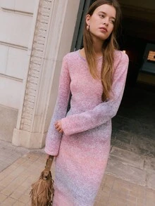 Nöista 渐变色修身长裙，粉色针织和薰衣草色调，长袖，非常适合女性优雅的晚会和正式场合。 - 粉色 - 查看 9