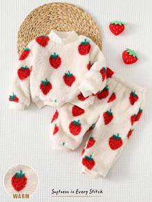 Cozy Pixies 2pcs Baby Girl Strawberry Pattern Thermal Lined Crew Neck Long Sleeve Sweatshirt Set, Suitable For Autumn/Winter Fall - Apricot - View 3