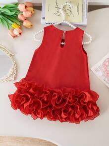 Elladie kids Vestido elegante sin mangas para niñas bebé con decoración de lazo y volantes en el bajo de malla, para primavera/verano - Rojo - Ver 2