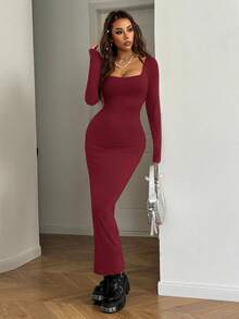 SHEIN EZwear 女式春夏基本款针织灰色修身方领长袖连衣裙 - 酒紅色 - 查看 6