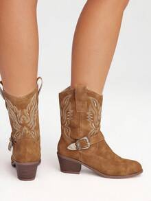 Styleloop Women's Western Embroidered Apricot Mid-Calf Boots, Comfortable For Vacation, Commute, Chunky Heel, Shark Boots For Halloween Party - Apricot - View 7