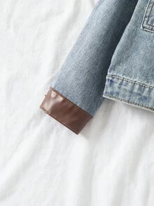 SHEIN Young Girl Denim Jacket And Coat, Retro American Niche Casual Cool Denim Jacket, New Design Contrast Color Splicing Leather Jacket, Blue Denim Top Fall Winter