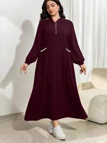 Modelyn 秋冬新款立领长袖收腰修身连衣裙 - 酒紅色 - 查看 1