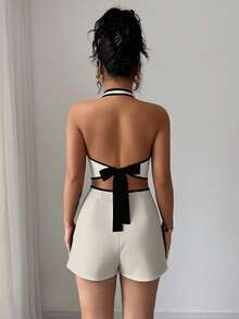 Selianne Nuevo conjunto de verano de 2 piezas para mujer con top corto con espalda descubierta y lazos, y shorts con bolsillos en contraste - Albaricoque - Ver 2