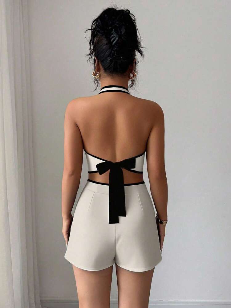 Selianne Summer New Sexy Contrast Color Trim Backless Tie Crop Top + Shorts With Slant Pockets Contrast Trim Women 2 Pieces Set - Apricot - View 2