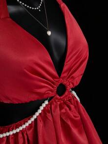 SHEIN ICON Women's Red Pearl Decor Backless Halter Mini Dress, Red - Red - View 5