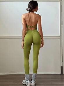 Easithlete 女士橄榄绿色两件套，无缝文胸和高腰紧身裤，弹力舒适，适合瑜伽、普拉提、跑步、骑行、健身、户外和休闲运动套装 - 橄欖綠 - 查看 1