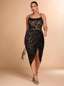 SHEIN BAE 大码女式植绒垂坠领长款吊带裙，适合初秋/秋冬季 - 黑色 - 查看 2