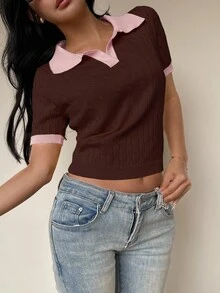 Flirla 女式休闲通勤学院风撞色拼接马球领麻花针织上衣，秋季 - 彩色 - 查看 4