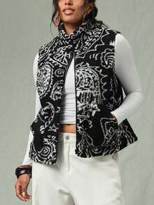 Freevana Chaqueta sin mangas con estampado de bloques de color, talla grande, para otoño/invierno