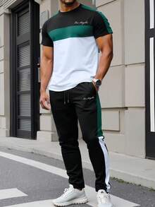 Manfinity Homme Conjunto de camiseta de manga corta de cuello redondo con diseño de bloqueo de color y estampado de letras, y pantalón de chándal con cordón de bloqueo de color para hombres. Conjunto casual apto para uso diario, salir, vacaciones, viajes, deportes. Excelente mano de obra, telas cómodas. Puede ser un regalo para familia, amigos, novios, esposos, padres. Conjuntos de ropa de hombre de 2 piezas, ropa de gimnasio - Multicolor - Ver 1