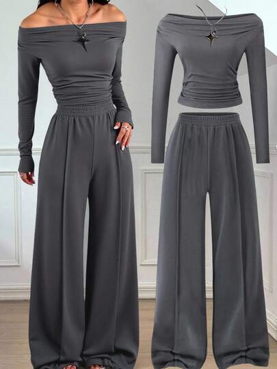 Teen Girls Casual All-Match Versatile Daily Sports Off Shoulder Long Sleeve Cropped Snug Fit T-Shirt + Loose Wide-Leg Sweatpants Knit Suit Fall Winter