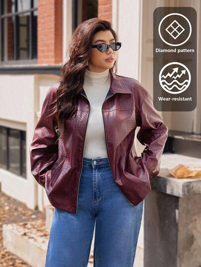 Vionelle 大码女式法式休闲针织纹理长袖夹克大码皮夹克女士皮夹克大码机车夹克女士大码夹克大码摩托车夹克