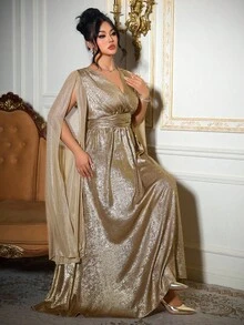 Roveilla Plus Size Elegant Party Metallic V-Neck Ruched Dress, Suitable For Spring And Autumn Mother Of The Bride Dress Plus Size Plus Size Evening Gown Bronze Dress Champagne Formal Dress Gold Plus Size Formal Dress