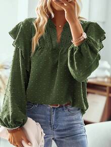 Blouse ample de mode à col V en dentelle contrastée, manches lanternes et ourlet à volants - Militaire verte - Voir 4