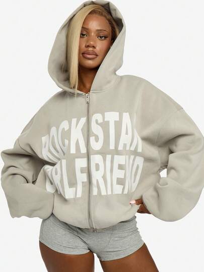 SUMWON WOMEN Rockstar Girlfriend Oversized Zip Up Cropped Hoodie Sweatshirt Streetwear Fashion Statement Fall Winter Casual Drawstring Pullover