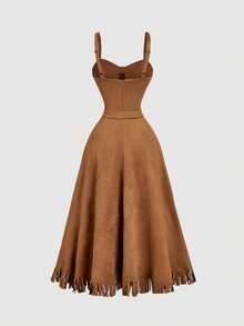 SHEIN MOD 女式秋季复古中长绒面流苏下摆吊带裙、西部连衣裙、万圣节、度假装、早午餐、复古、音乐会、波西米亚风、老钱风格女装、乡村音乐会装、2000 年代风格、老钱风格女装、度假装女装、西部、哥特、波西米亚风、街头服饰、Y2k 女装、紧身胸衣上衣、棕色短裙、棕色连衣裙、外出 - 棕色 - 查看 2