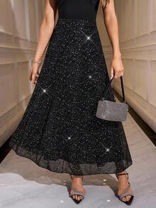 Gownix 女士优雅闪亮 A 字形遮阳伞裙，适合派对场合 - 黑色 - 查看 6