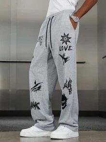 Manfinity EMRG 男士休闲印花口袋抽绳长裤，男士时尚街头骷髅字母印花口袋抽绳运动裤，浅灰色Y2K哥特风秋冬运动裤，万圣节和返校季的完美之选，送给男友的理想礼物，冬季时尚街头风，校园和万圣节必备 - 淺灰色 - 查看 6