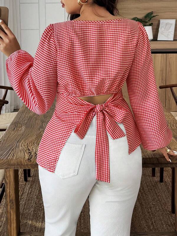 Weeklong Plus Size Women Plaid Casual Tie Back Long Sleeve Shirt