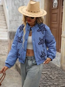 Brillora Abrigo casual acolchado para mujer con estampado de estrella de mar y diamante, cuello abierto, adecuado para salidas y vacaciones, otoño/invierno